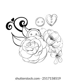 Buttons, sewing tool composition of romantic flowers, rose and peony, vintage springtime flower for design, logo, postcard. Isolated. Elegance retro botanical illustration. Graphic vector line, hand
