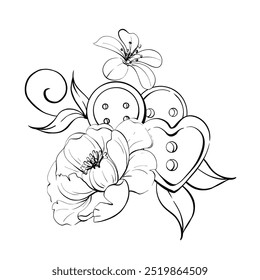 Knöpfe, Nähwerkzeug-Kompositionen mit romantischen Blumen, Rose und Pfingstrose, Vintage Frühlingsblume für Design, Logo, Postkarte. Grafische Vektorlinie, handgezeichnet, schwarze Silhouette. Elegante Retro