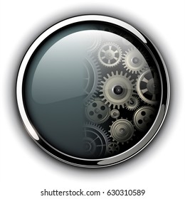 Buttons shiny, chrome metallic with machinery cog gears inside, vector illustration