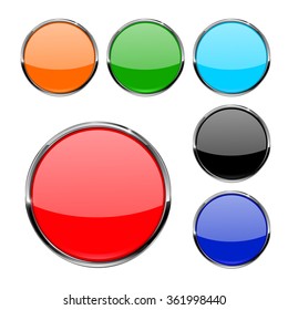 Buttons. Shiny glass round button with metal frame. Vector illustration isolated on white background.