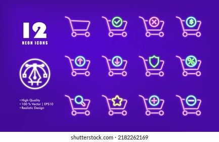 Buttons with shopping carts for website set icon. Checkmark, cross, dollar, arrow up and down, shield, percent, magnifier, star, plus, minus. Sale concept. Neon glow. Vector line icon for Business.