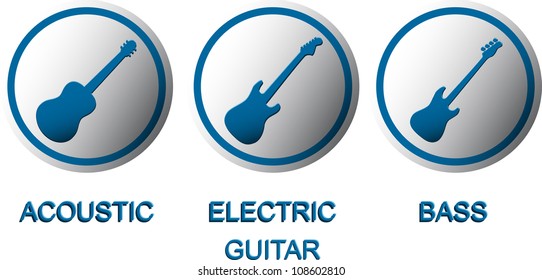 Buttons with silhouettes of acoustic, electric and bass guitar illustration