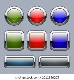 The buttons for a site of different color with glare in a metal frame. The background is gray