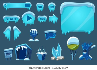 Buttons with snow set, game user interface with control and landscape elements vector Illustrations for apps, web
