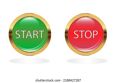 Buttons stop and start. Glass round web elements with gold frame. Vector illustration isolated on white background