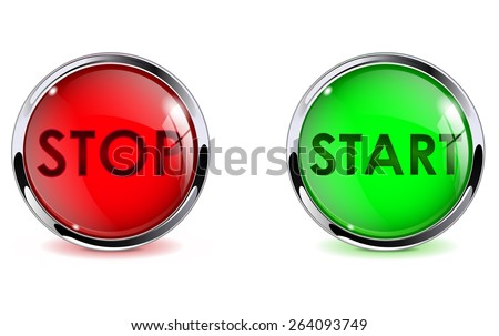 Buttons stop and start. Glass round web elements with metallic frame. Vector illustration isolated on white background