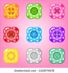 Buttons Style Four leaves of bright colours set fo clothing. Collection cute glossy in different colors. Background color pink.