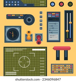 Botones e interruptores en el botón de control de maquinaria o sistema. Palancas y perillas para ajustar la configuración y controlar el proceso en el trabajo, la industria o la fábrica. Vector en ilustración de estilo plano