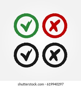 Buttons tick and cross in a round frame. Painted by hand with a rough brush. Black, red, green. Vector illustration. Grunge.
