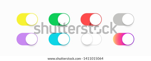 Buttons toggle switch off on.\
Template set buttons slider switches. Colored bright slider buttons\
for application. Web icons ui for smartphone. Vector illustration.\
EPS 10