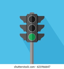 buttons in traffic light sign illustration. walk, run, drive & go for transportation or business on light blue background. flat design one stoplight Vector isolated & green symbol icon lower