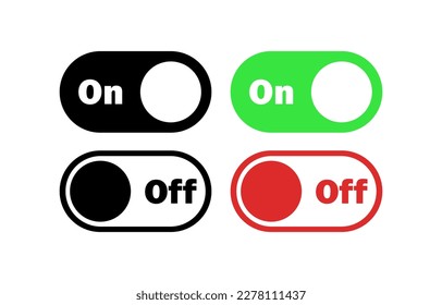Buttons to turn on and off. Flat, black, green, red, on and off sliders. Set of vector icons