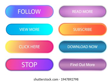 Buttons UI, UX, and WEB design set. Trendy gradients buttons with shadow. Follow, subscribe, download now, read more, click here and other UI buttons. Design App and web page elements. Vector set