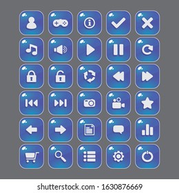 Buttons for user interface design of games and applications with user icons, settings, navigation.