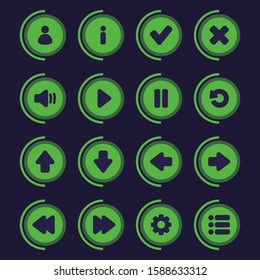 Buttons for user interface design of mobile and PC games and applications with navigation, game, pause, sound, settings and options icons.