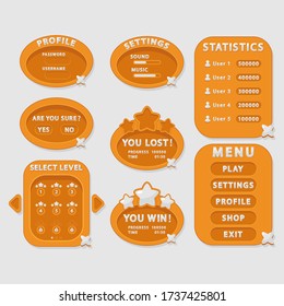 Buttons (user, navigation, play, replay, pause, exit) and menu windows (options, rating, loss and win level) for the design of game user interfaces (UI) for games and applications.