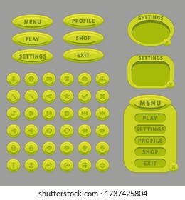 Buttons (user, navigation, play, replay, pause, exit) and menu windows (options, rating, loss and win level) for the design of game user interfaces (UI) for games and applications.