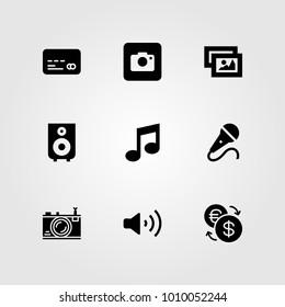 Buttons vector icon set. credit card, photo camera, mic and musical note
