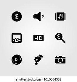 Buttons vector icon set. dollar, donate, dollar coin and movie player