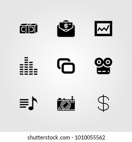 Buttons vector icon set. movie player, photo camera, dollar and sound bars