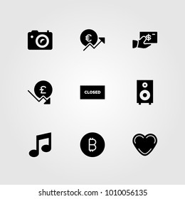 Buttons vector icon set. musical note, pound sterling, photo camera and dollar
