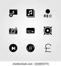 Buttons vector icon set. photo camera, pound sterling, dollar and credit card