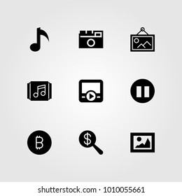 Buttons vector icon set. photo camera, pause, movie player and coin