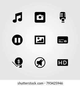 Buttons vector icons set. mute, photo camera and credit card