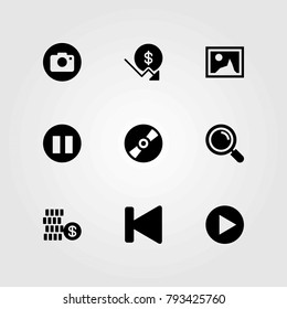 Buttons vector icons set. photo camera, loupe and compact disc