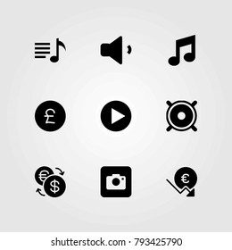 Buttons vector icons set. photo camera, speaker and pound sterling