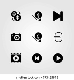 Buttons vector icons set. play button, photo camera and euro