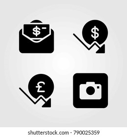 Buttons vector icons set. pound sterling, dollar and photo camera
