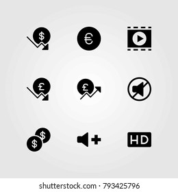 Buttons vector icons set. pound sterling, euro and hd