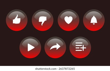 Buttons for the video interface. Like buttons, share, add to favorites. Vector set