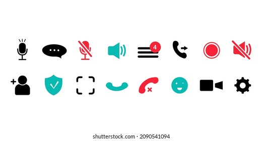 Botones para videocall, interfaz de videoconferencia. Micrófono, chat, mensaje, captura de pantalla, volumen y otros iconos. Conjunto de iconos de videollamadas vectoriales planas aislados en fondo blanco. 