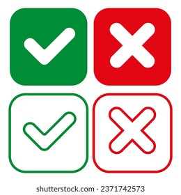 Buttons for voting, selecting elections. Set of checkmarks in square shapes. OK sign and X icon. EPS 10.