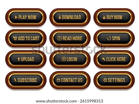 Buttons for web design. Black buttons in a brown frame with gold letters. Set of vector 3D buttons.
