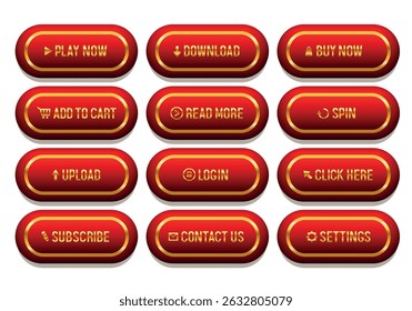 Buttons for web design. Red buttons with gold letters. Set of vector 3D buttons.