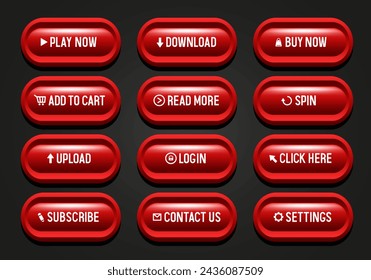 Buttons for web design. Red striped buttons in a black frame. Set of vector 3D buttons.