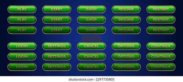 Buttons for web game menu or website ui design. Cute green banners set, icons of play, start, resume, settings, login and options, vector cartoon illustration