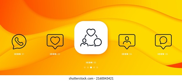 Buttons for website set icon. Handset, heart, cloud, call, like, comment, share, subscribe. Feedback concept. Infographic timeline with icons and 5 steps. Vector line icon for Business and Advertising