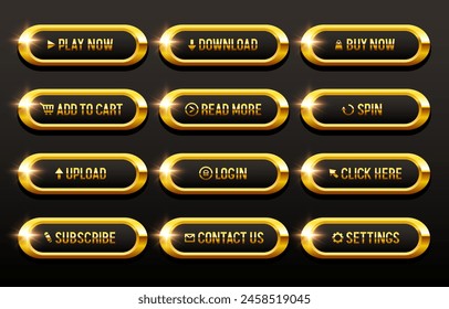 Buttons for websites. Black buttons in a gold frame and with gold letters. Big set of vector buttons for web design.