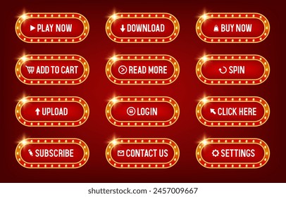 Buttons for websites. Red buttons in a frame with light bulbs. Big set of vector buttons for web design.