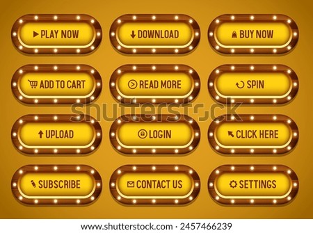 Buttons for websites. Yellow buttons with a wooden frame with light bulbs. Big set of vector buttons for web design.