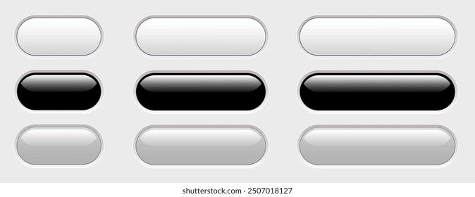 Buttons white, gray and black isolated, interesting navigation panel for website, 3D vector illustration.