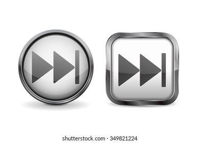 Buttons. White shiny glass round and square button with metal frame. Fast forward Rewind icon.  Vector isolated on white background