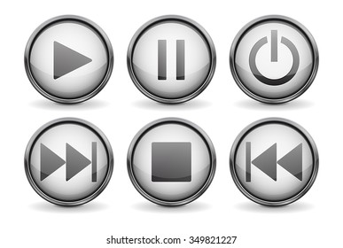 Buttons. white shiny glass round button with metal frame. Set audio icon: play, stop, pause, power. Vector isolated on white.