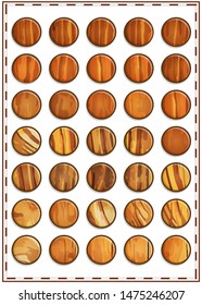 Buttons with wood texture. Isolated on white background. Vector illustration.