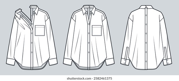 Button-Up Shirt Technical Fashion Sketch. Classic Shirt with front and back buttons fashion flat technical drawing template, front, back view, white, pocket, transformer, women, men, unisex CAD mockup