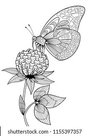 Buttrefly on flower. Vector doodle coloring book page for adult and children. 